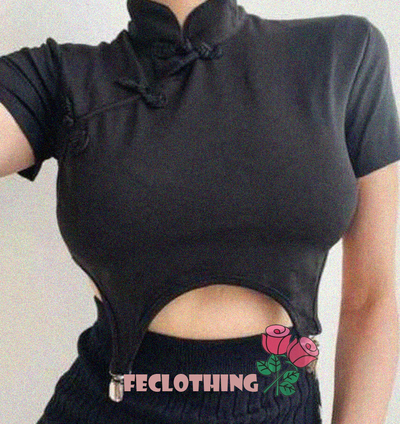 Irregular retro buckle clasp collar clip design blouse T-shirt