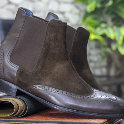 Dark brown men's boots, handmade chelsea boots, ankle high suede leather boots,
