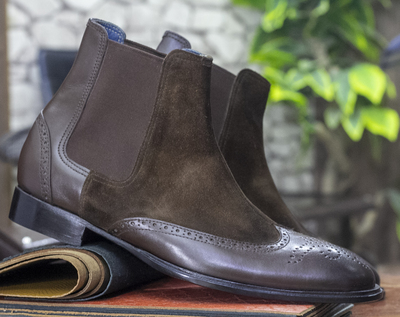 Dark Brown Men's Boots, Handmade Chelsea Boots, Ankle High Suede Leather Boots,