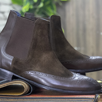 Dark Brown Men's Boots, Handmade Chelsea Boots, Ankle High Suede Leather Boots, - Thumbnail 1