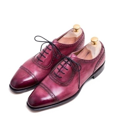 Men maroon red burnished rounded cap toe handmade genuine leather lace up shoes