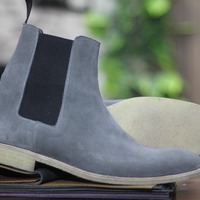 Handmade Ankle High Grey Chelsea Leather Men's Classic Boot. - Thumbnail 2