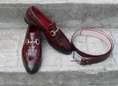 Crafted Leather Classic Handmade Burgundy Crocodile Texture Leather Loafer Mens Shoes with Matching Belt
