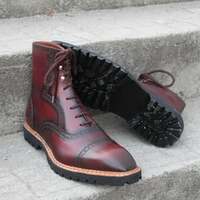 Crafted Leather Handmade Ankle High Burgundy Calf Leather Lace up Boot - Thumbnail 2