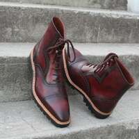 Crafted Leather Handmade Ankle High Burgundy Calf Leather Lace up Boot - Thumbnail 1