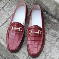 Crafted Leather Luxury Handmade Burgundy Patina Leather Crocodile Texture Dress Shoes - Thumbnail 1