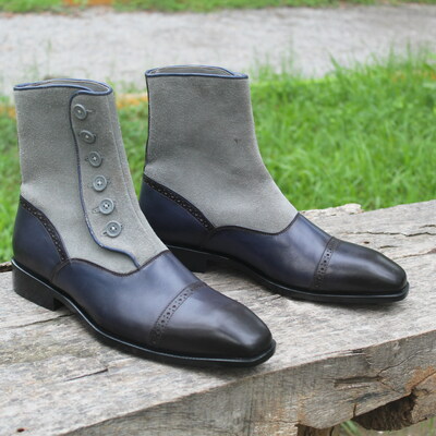 Crafted leather classic mens blue leather gray suede button ankle high dress style men's long boot