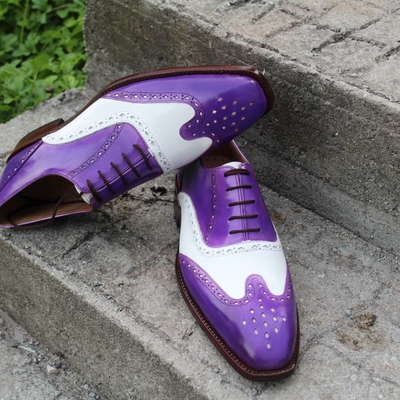 Crafted leather elegant purple white wingtip oxfords mens classic dress lace up shoes