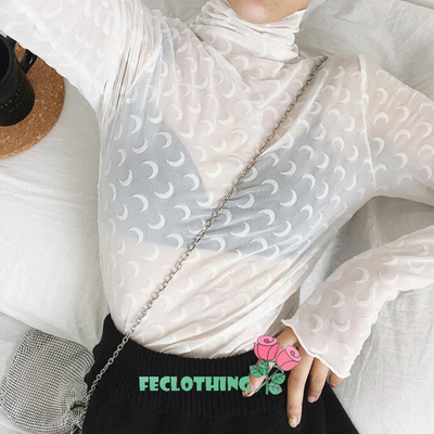 Mesh bottoming shirt female high collar inside hollow perspective - Thumbnail 5