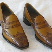 Premium Leather Vintage Two Tone Brown Tan Moccasin Handmade Men Wing Tip Shoes - Thumbnail 1