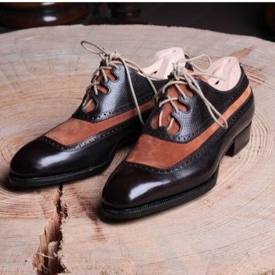 Vintage black brown two tone genuine leather lace up oxford handmade men shoes