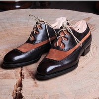 Vintage Black Brown Two Tone Genuine Leather Lace Up Oxford Handmade Men Shoes - Thumbnail 4