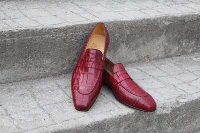Crafted Leather Handmade Burgundy Crocodile Moccasin Loafers Formal Shoes