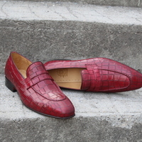 Crafted Leather Handmade Burgundy Crocodile Moccasin Loafers Formal Shoes - Thumbnail 1