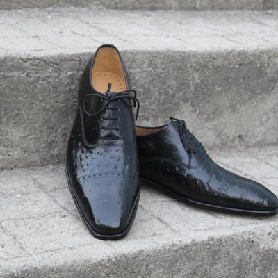 Crafted leather black ostrich leather oxford lace up dress shoes - Thumbnail 4