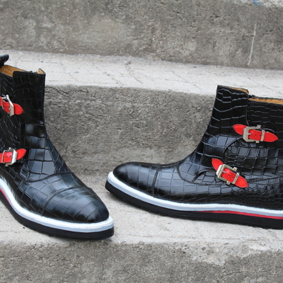 Crafted leather tri rubber sole black crocodile/alligator leather jodhpur boot
