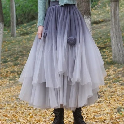 Gray tulle midi skirt outfit women ruffle midi tulle skirt wedding outfit party skirt plus size custom