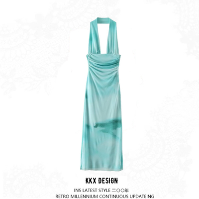 Elegant printed tulle halterneck dress - Thumbnail 4