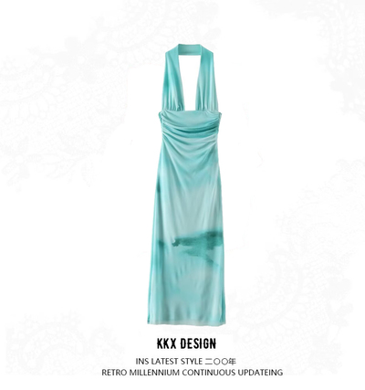 Elegant printed tulle halterneck dress