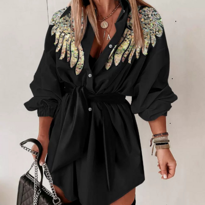 Fashion sexy women's wings bead long sleeve dress - Thumbnail 1