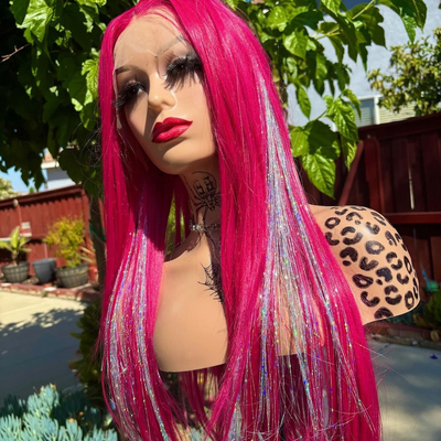 Hot pink with glitter synthetic  lace front wig