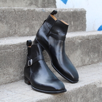 Crafted Leather Handmade Black Buckle Strap Jodhpur Ankle High Boot - Thumbnail 1