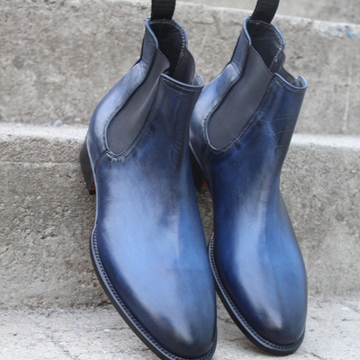 Crafted leather classic handmade blue patina leather men chelsea boot - Thumbnail 4