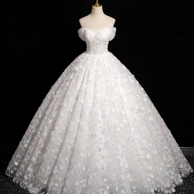 White tulle flowers long a-line prom dresses, a-line off the shoulder sweet 16 formal dresses - Thumbnail 2