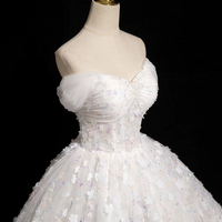 White Tulle Flowers Long A-Line Prom Dresses, A-Line Off the Shoulder Sweet 16 Formal Dresses - Thumbnail 4