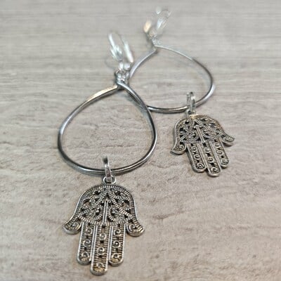 Silver hamsa charm hoops