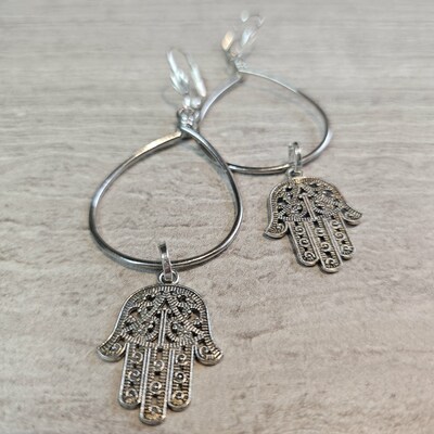 Silver Hamsa Charm Hoops