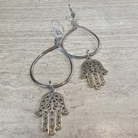 Silver Hamsa Charm Hoops - Thumbnail 1