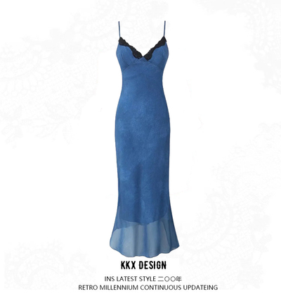 Deep V-neck suspender dress high waist printed seaside holiday fishtail midi skirt
