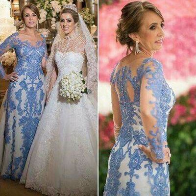Blue sheath mother of the bride/groom dresses lace appliques evening gowns wedding guest dress