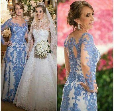 Blue Sheath Mother Of The Bride/Groom Dresses Lace Appliques Evening Gowns Wedding Guest Dress