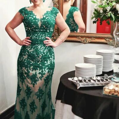 Green sheath mother of the bride/groom dresses lace appliques evening gowns wedding guest dress