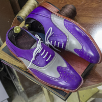 Wing Tip Shoes Lace Up Brogue Shoes, Handmade Men's Purple Gray Leather  - Thumbnail 1