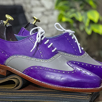 Wing Tip Shoes Lace Up Brogue Shoes, Handmade Men's Purple Gray Leather  - Thumbnail 2