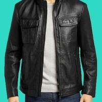 New Black Men's Leather Jacket Overcoat Biker Lambskin Jacket - Thumbnail 1