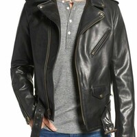 New Men's Stylish Biker Motorcycle Black Genuine Lambskin Leather - Thumbnail 1