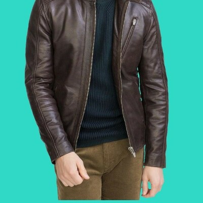 Brown men's leather jacket overcoat biker 100% new lambskin jacket