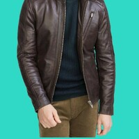 Brown Men's Leather Jacket Overcoat Biker 100% New Lambskin Jacket - Thumbnail 4