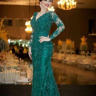 Green mother of the bride/groom dresses lace long sleeve evening gowns wedding guest dress