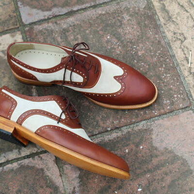 Crafted leather classic brown leather beige suede dress shoes - Thumbnail 3