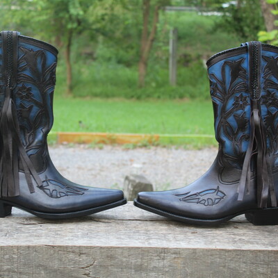 Crafted leather men's blue leather long ankle fringes cowboy boots