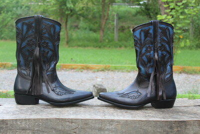 Crafted Leather Men's Blue Leather Long Ankle Fringes Cowboy Boots