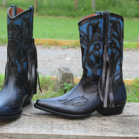 Crafted Leather Men's Blue Leather Long Ankle Fringes Cowboy Boots - Thumbnail 2