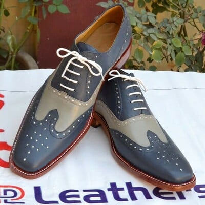 Crafted Leather Handmade Classic Blue Gray Unique Oxford Wingtip Lace up Dress Shoes