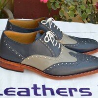 Crafted Leather Handmade Classic Blue Gray Unique Oxford Wingtip Lace up Dress Shoes - Thumbnail 1
