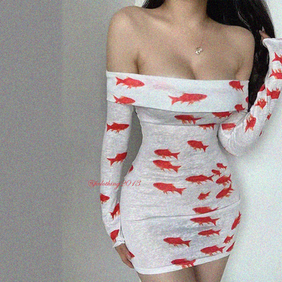 Sexy one-shoulder goldfish print long-sleeved dress